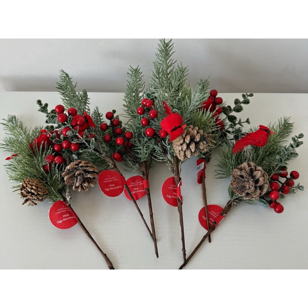 Set of 6 Christmas Picks Pine Berry Pinecone Bird Holiday Decor Stem Lot New